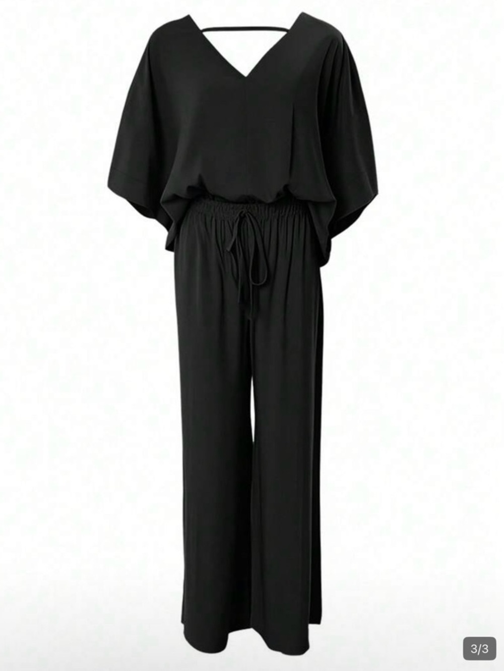 SHEIN Black V-Neck Wide-Leg Drawstring Jumpsuit
